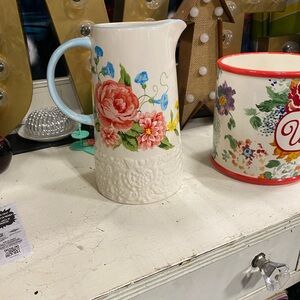 Floral Ceramic Pitcher with Blue Handle by Pioneer Women